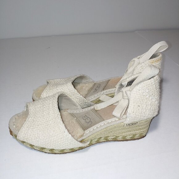 - UGG Delmar TIe Up Peep Toe Espadrille Wedge Sandals Size 6 Oatmeal - Picture 5 of 11